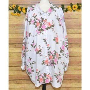 Roaman's 6X 44W White Button Front Blouse Top Pretty Pink Rose Floral Cottage